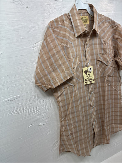 New Men’s ELY Cattleman Tan Plaid Short Sleeve Pearl Snap Medium Short K-70