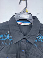 New Women’s Cumberland Black Blue Design Long Sleeve Pearl Snap Large GG-87