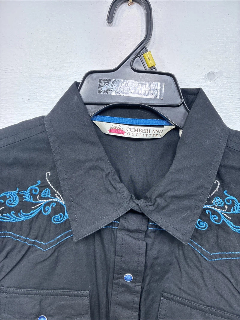 New Women’s Cumberland Black Blue Design Long Sleeve Pearl Snap Large GG-87