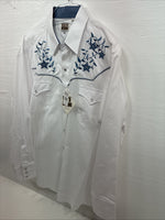 New Men’s ELY Cattleman White Blue Embroidered Long Sleeve Pearl Snap XL H-88