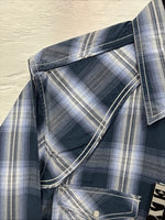 New Men’s ELY 1878 Blue Gray Plaid Long Sleeve Pearl Snap Large V-30 