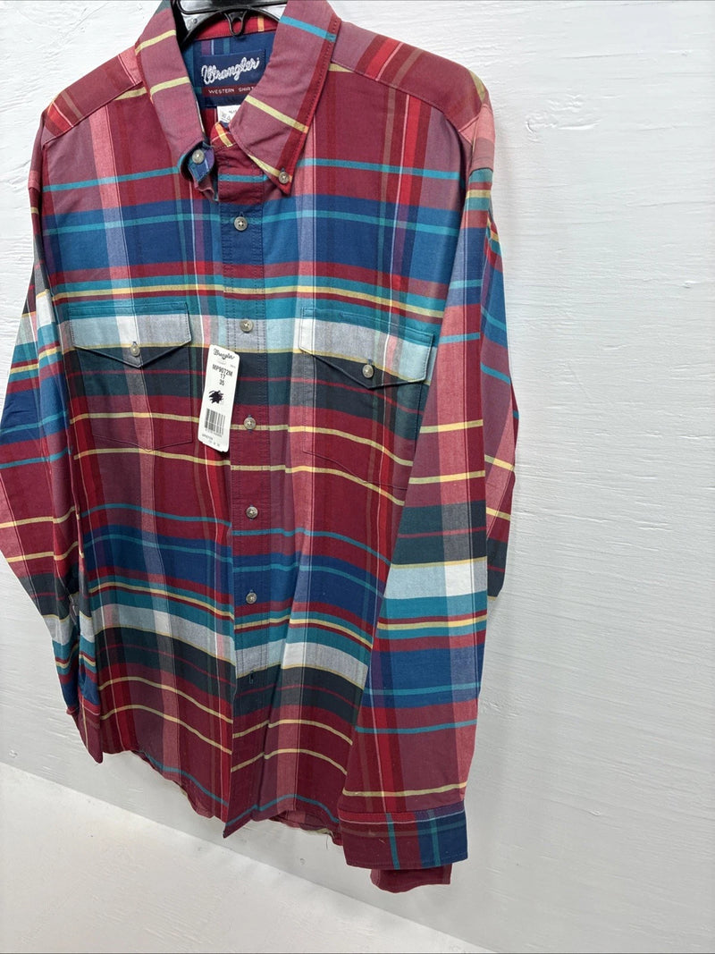 New Men’s Wrangler Multiple Color Plaid Long Sleeve Button Up 17 X 35 XL J-24