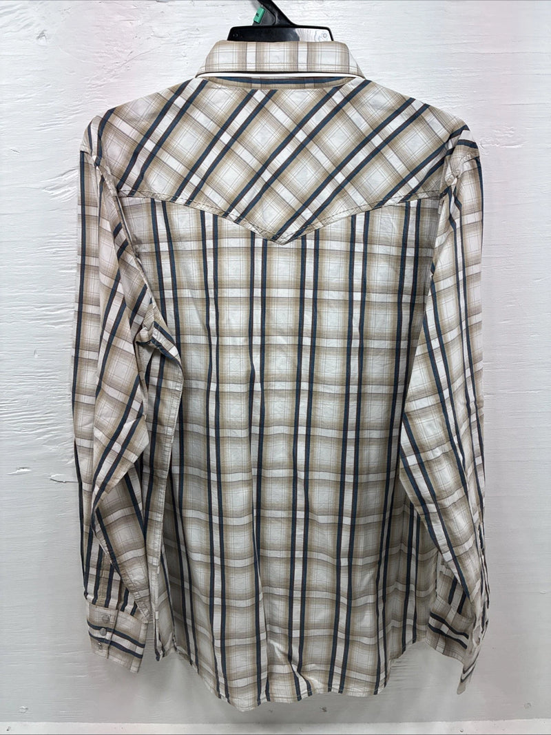 New Men’s ELY 1878 Brown Blue Plaid Long Sleeve Pearl Snap XL V-28