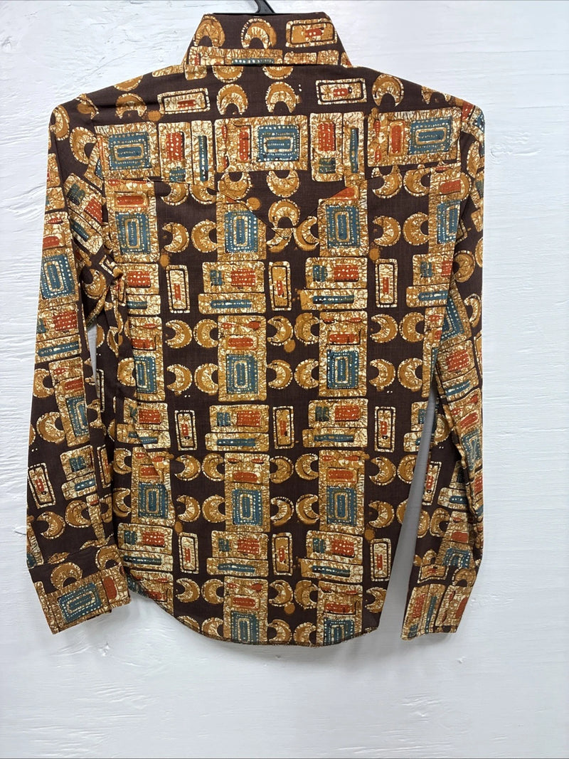 New Men’s Panhandle Slim Brown Gold Design Long Sleeve Pearl Snap XS J-68