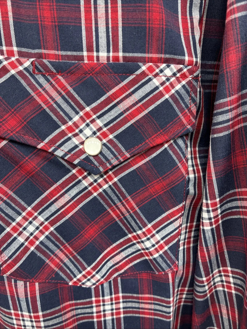 New Men’s White Horse Red Navy Blue Plaid Long Sleeve Pearl Snap XL H-78
