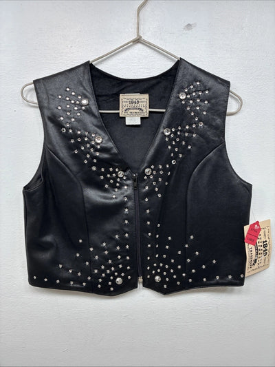 New Women’s 1848 RanchWear Black Rhinestone Sleeveless Vest Zip Up Large YY-40
