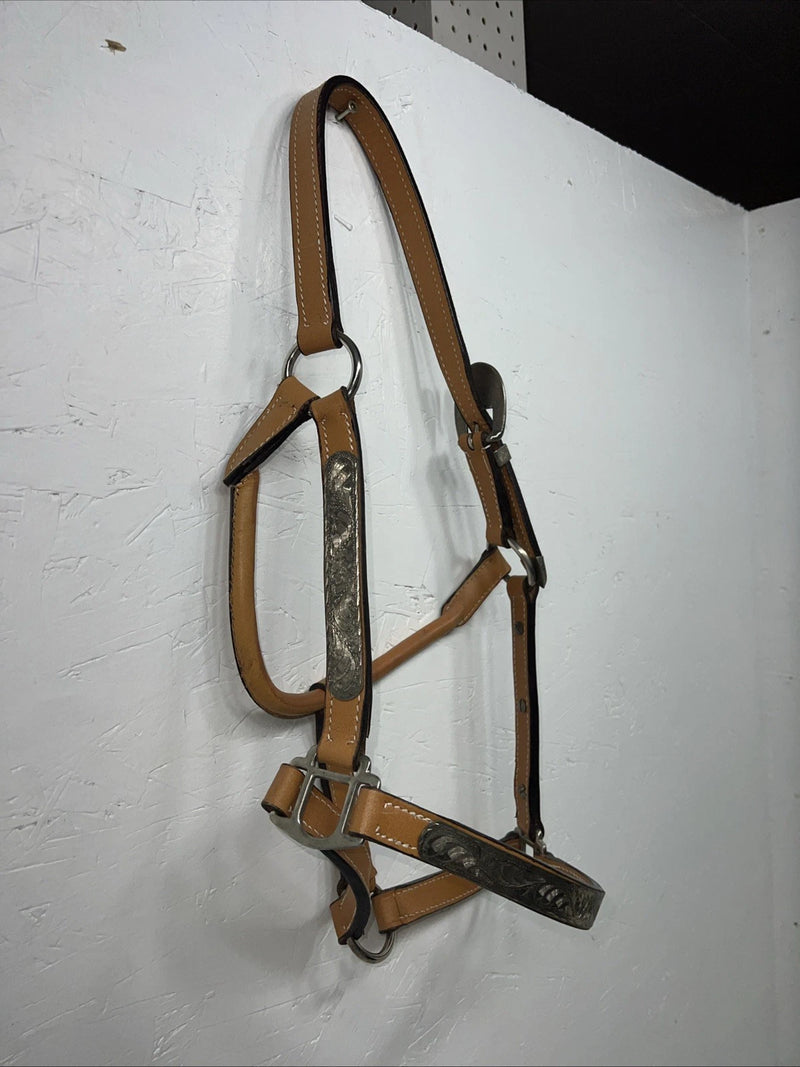 New Light Oil Genuine Leather Horse Halter With Metal Silver Plate W-21