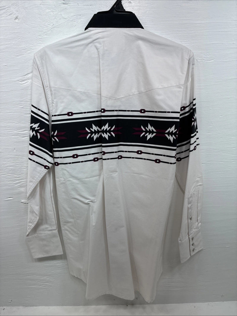 New Men’s Cumberland White Black Design Long Sleeve Pearl Snap Medium K-54