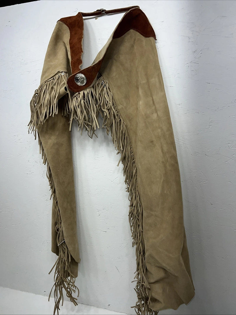 NOS Brown Show Chaps With Fringe Adjustable Waist 32” I-73