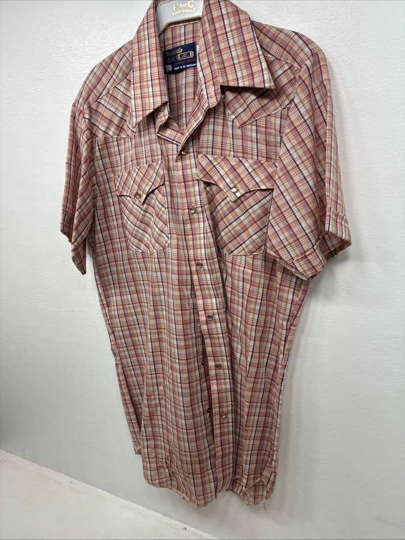 New Women’s Pandhanel Slim Red Plaid Short Sleeve Pearl Snap 15.5 Large MM-20