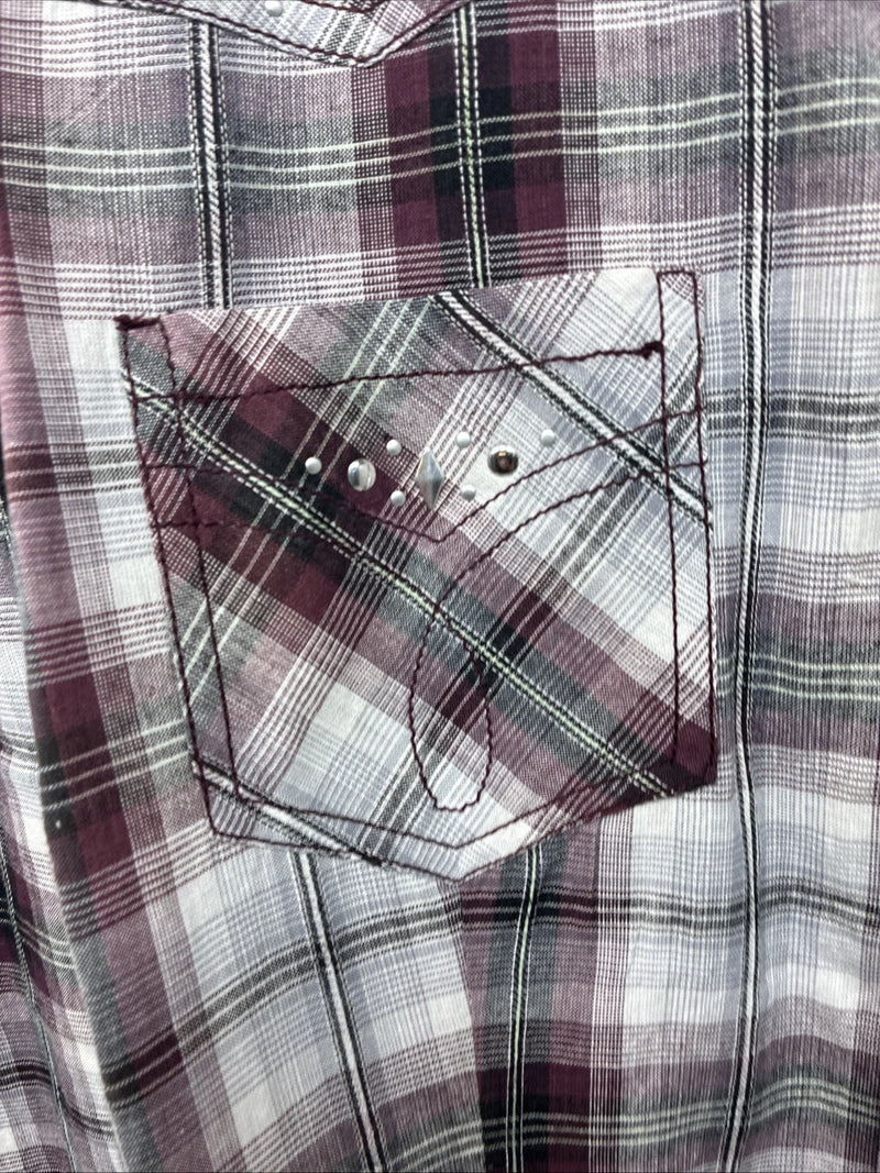 New Women’s Cumberland Purple Plaid Long Sleeve Pearl Snap 2XL KK-78