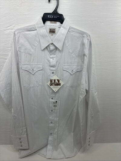 New Men’s ELY Cattleman White Long Sleeve Stripe Pearl Snap 2XL F-58