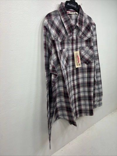 New Women’s Cumberland Purple Plaid Long Sleeve Pearl Snap 1XL KK-79