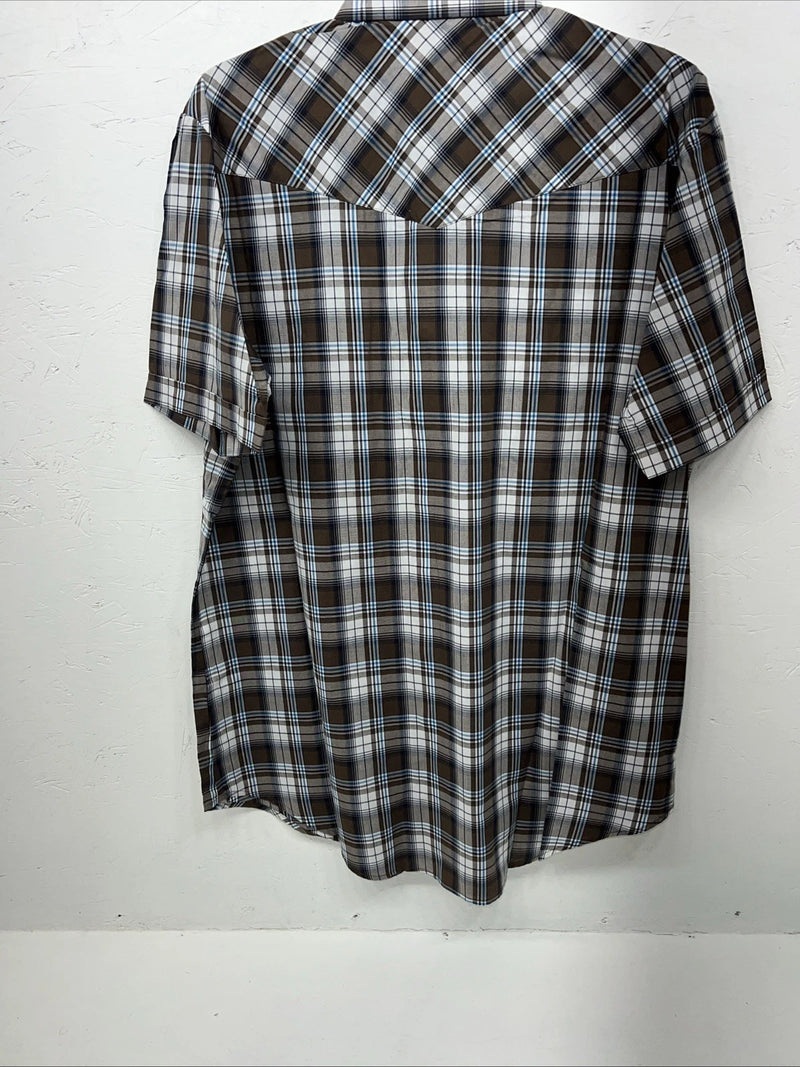 New Men’s Brown Plaid ELY Cattleman Short Sleeve Pearl Snap Shirt. XL Tall S-29