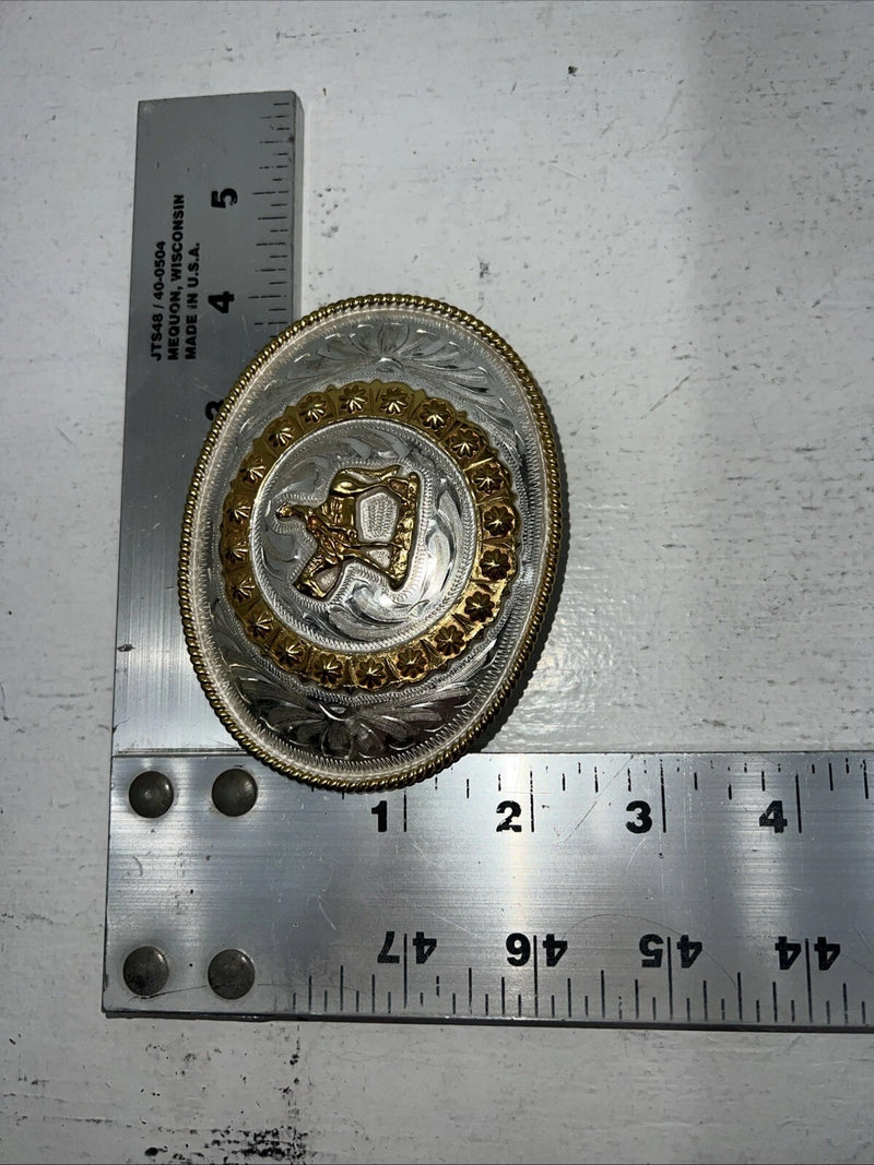 New Women’s Gold Silver Horse Rider Oval Belt Buckle. Flower Boarder F-15