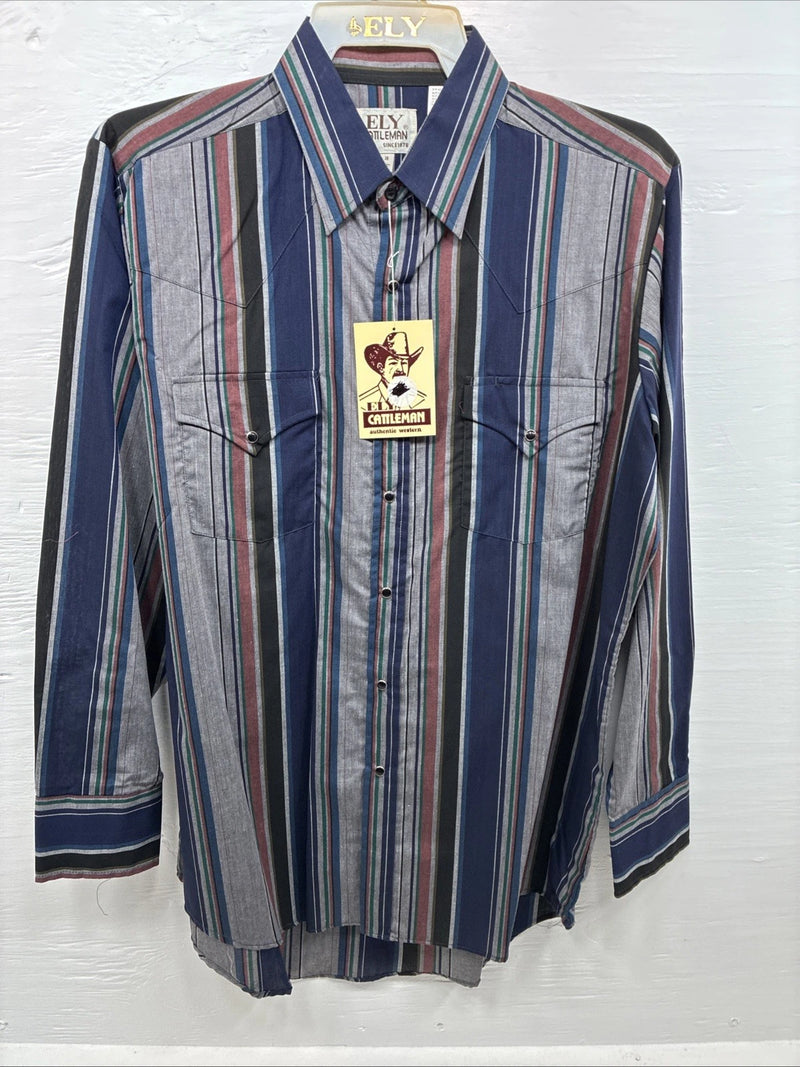 New Men’s ELY Cattleman Multicolor Stripe Long Sleeve Button Up 16 Large Q-35
