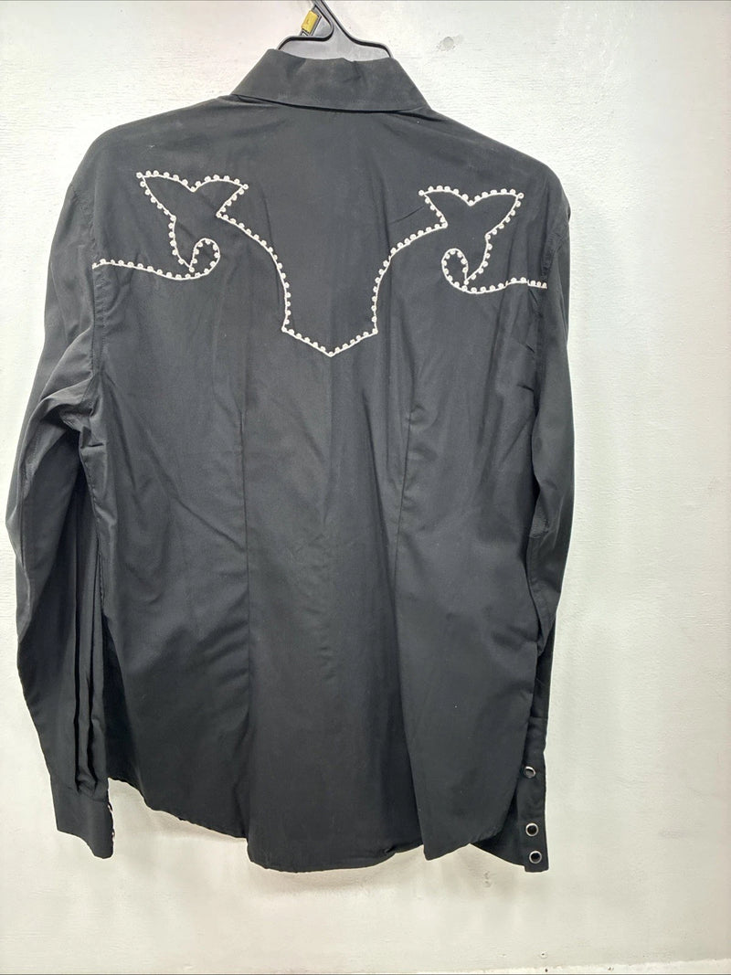 New Women’s White Horse Black Design Long Sleeve Pearl Snap Large KK-114