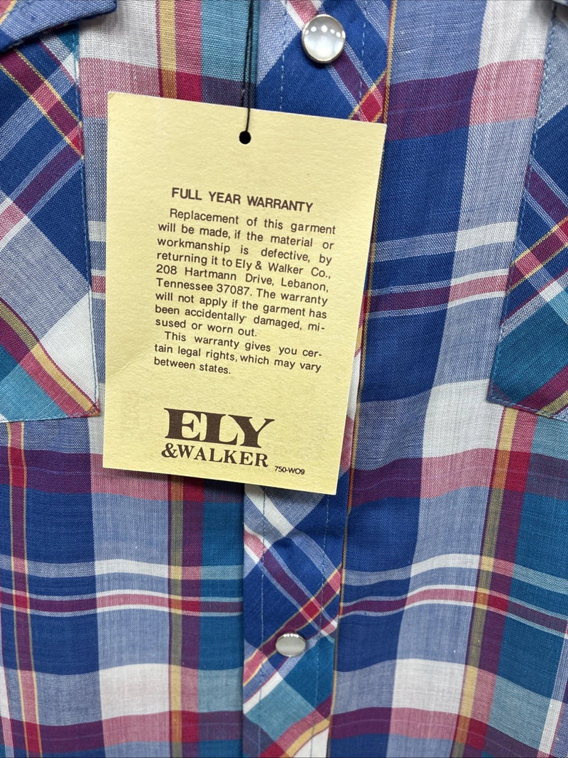 New Men’s ELY Cattleman Blue Plaid Short Sleeve Pearl Snap Medium AA-116 