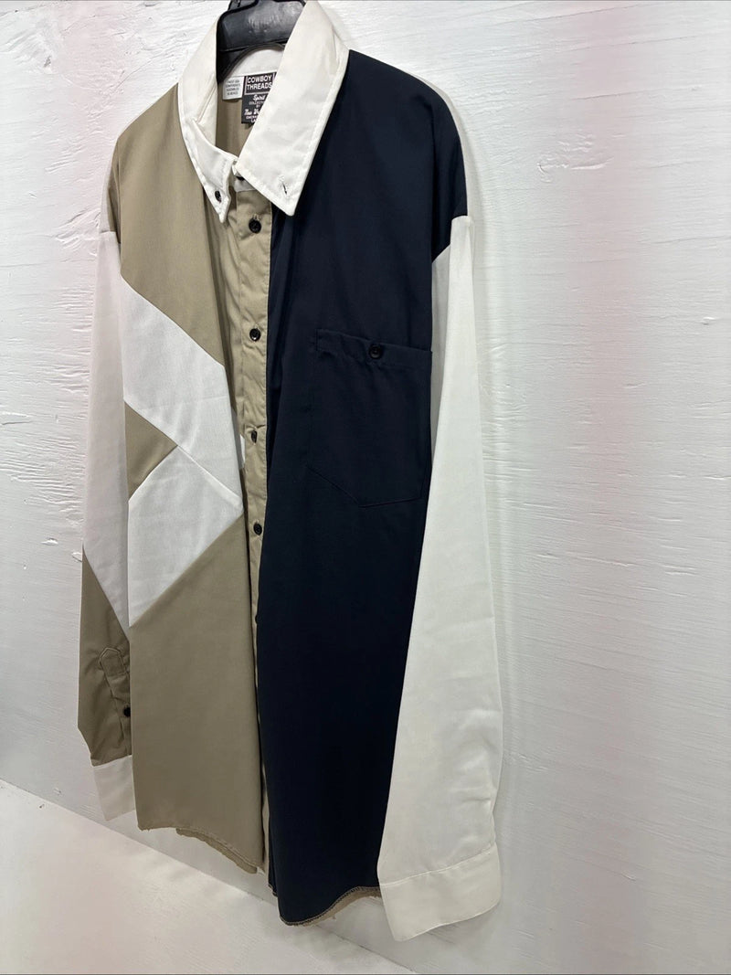 New Men’s Cowboy Threads Tan Blue Long Sleeve Button Up Large AA-21