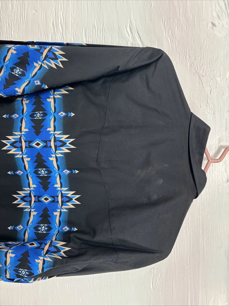 New Men’s Cumberland Black Blue Design Long Sleeve Pearl Snap Large CC-55