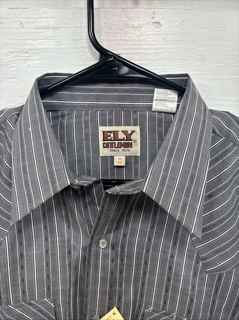 New Men’s ELY Cattleman Gray White Design Long Sleeve Pearl Snap 16 Large X-19