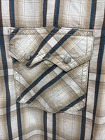 New Men’s ELY 1878 Brown Blue Plaid Long Sleeve Pearl Snap XL V-28