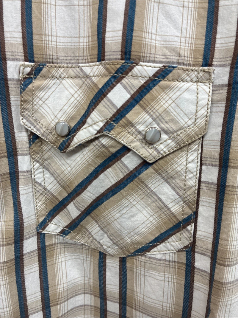 New Men’s ELY 1878 Brown Blue Plaid Long Sleeve Pearl Snap XL V-28