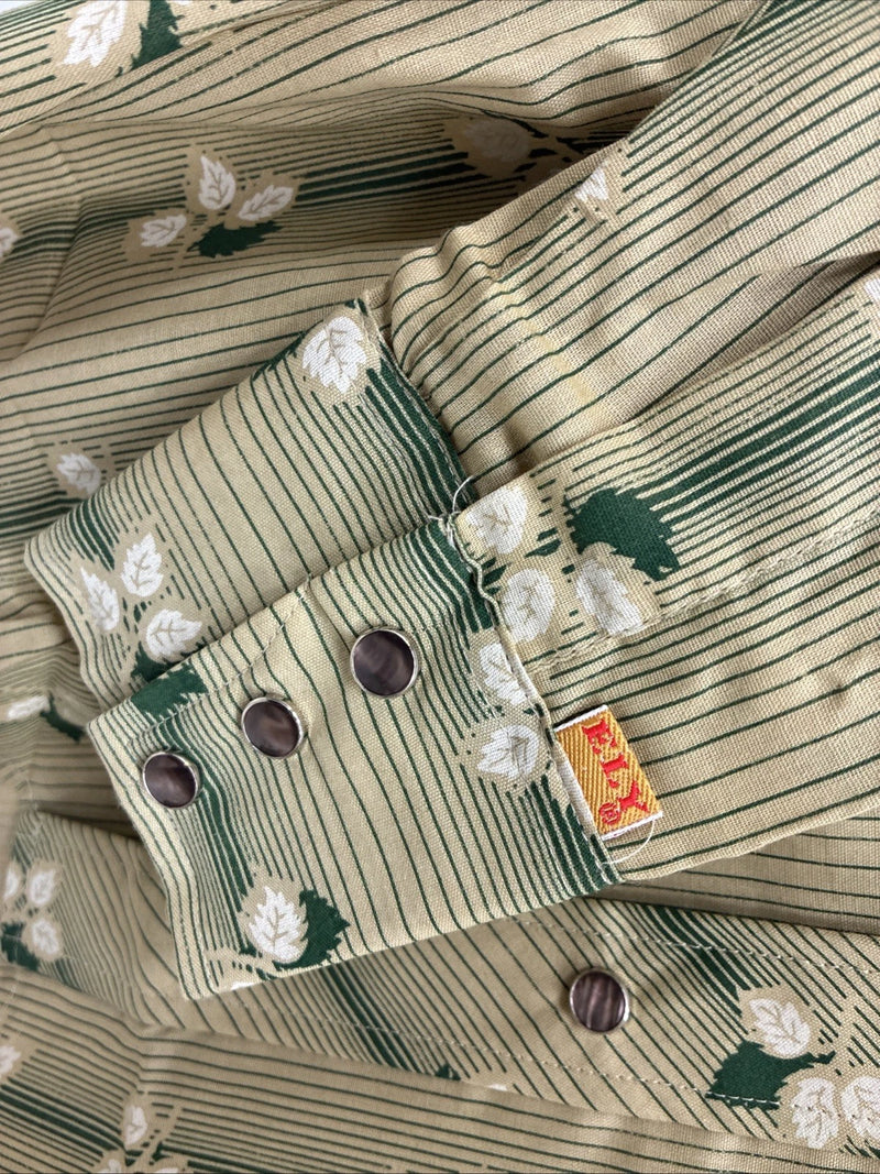 New Men’s ELY Plains Tan Green Floral Long Sleeve Pearl Snap 14.5 Small X-111