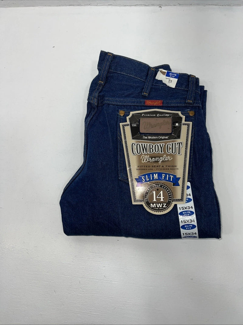 New Men’s Cowboy Cut Slim Fit Wrangler Denim Jeans. 15x34 F-41