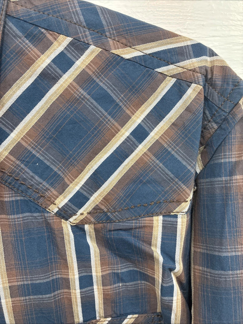 New Men’s ELY 1878 Blue Brown Plaid Long Sleeve Pearl Snap XL T-35