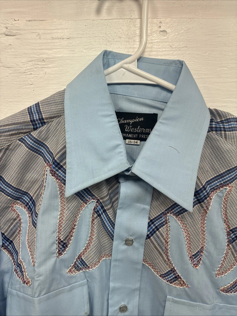 New Men’s Champion Western Blue Embroidered Long Sleeve Pearl Snap Medium K-81