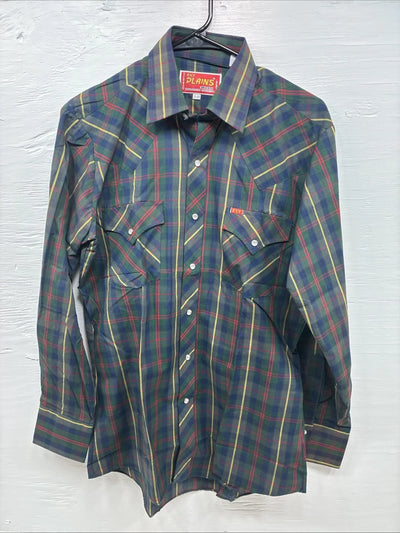 New Men’s ELY Plains Green Multicolor Plaid Long Sleeve Pearl Snap Medium M-63