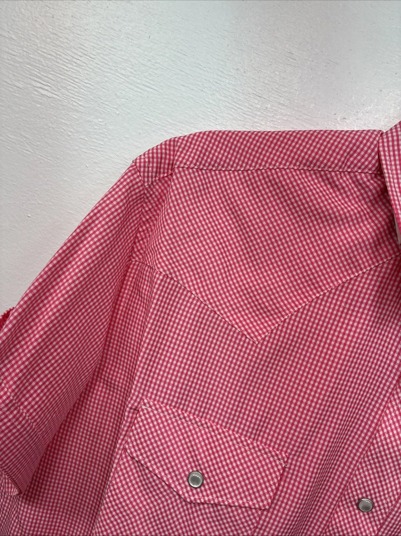 New Women’s White Horse Pink Checker Short Sleeve Pearl Snap Large KK-122