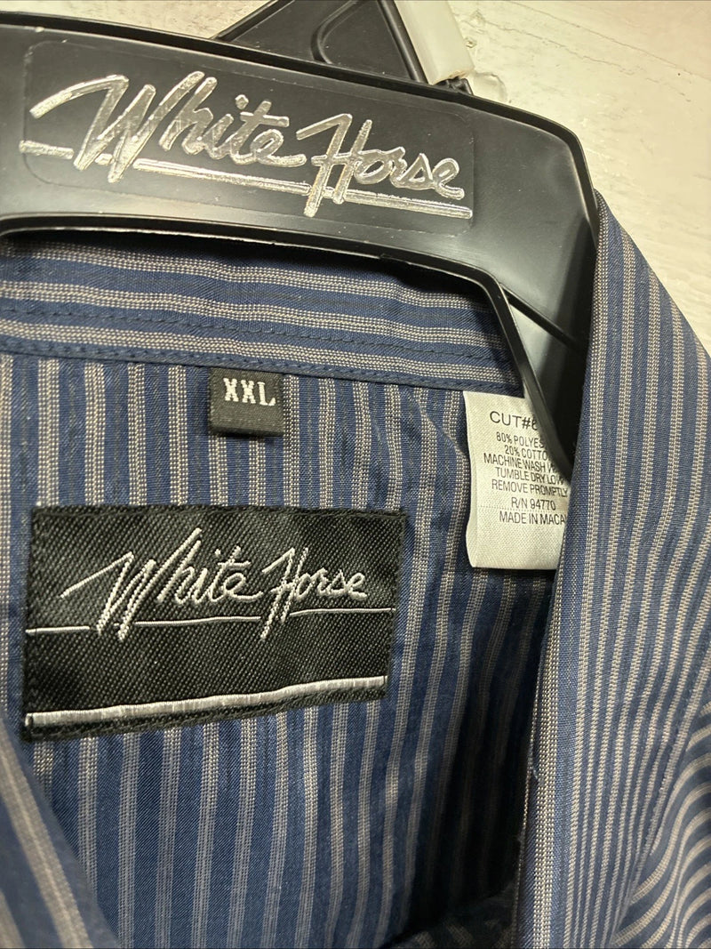 New Men’s White Horse Navy Blue Stripe Long Sleeve Pearl Snap 2XL F-96