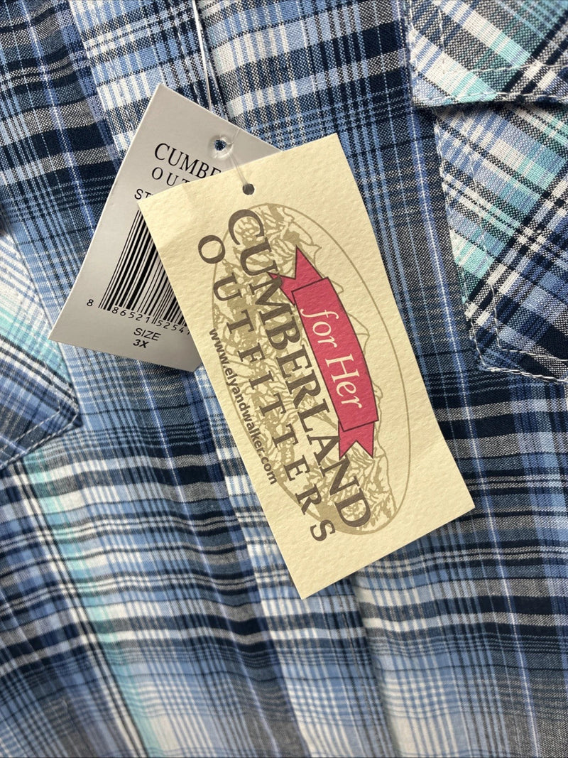 New Women’s Cumberland Blue Plaid Long Sleeve Pearl Snap 3XL GG-48