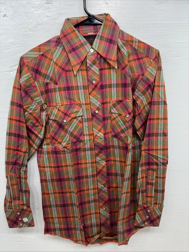 New Men’s Champion Western Orange Pink Plaid Long Sleeve Pearl Snap Small AA-88 
