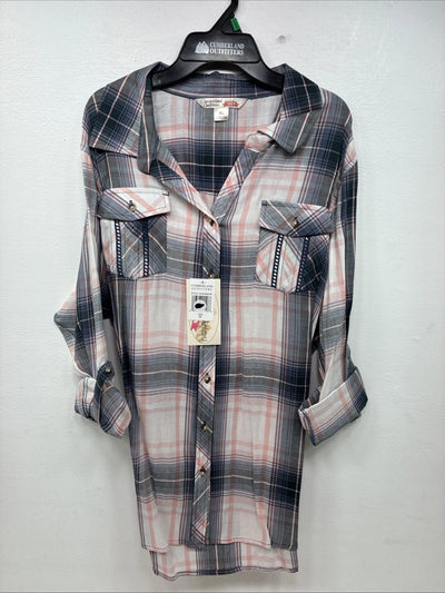 New Women’s Cumberland Pink Purple Plaid Long Sleeve Button Up XL GG-85