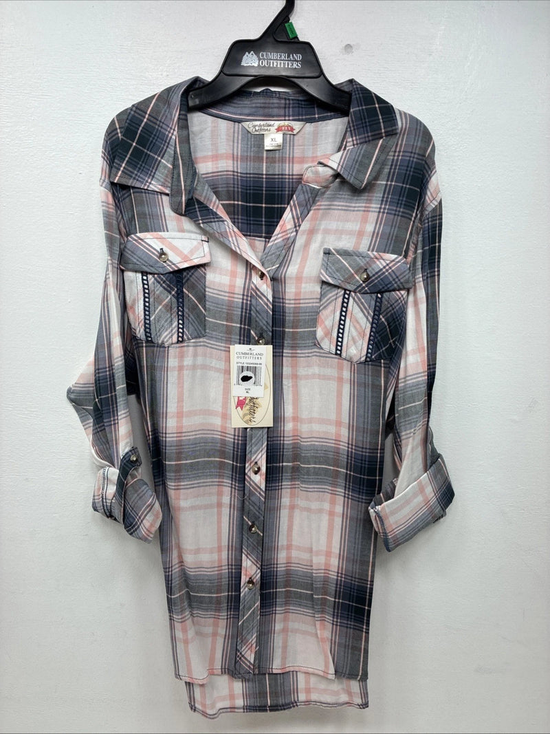 New Women’s Cumberland Pink Purple Plaid Long Sleeve Button Up XL GG-85