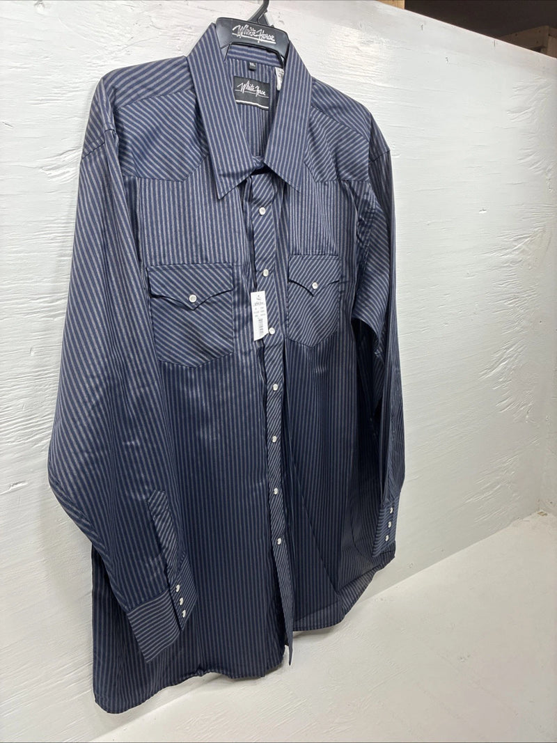 New Men’s White Horse Navy Blue Stripe Long Sleeve Pearl Snap 2XL F-96