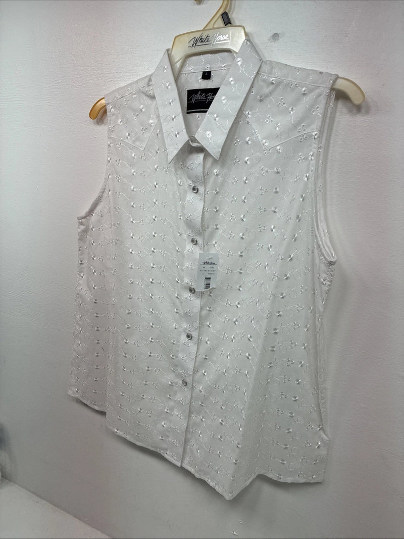 New Women’s White Horse White Designed Short Sleeve Pearl Snap Large II-88