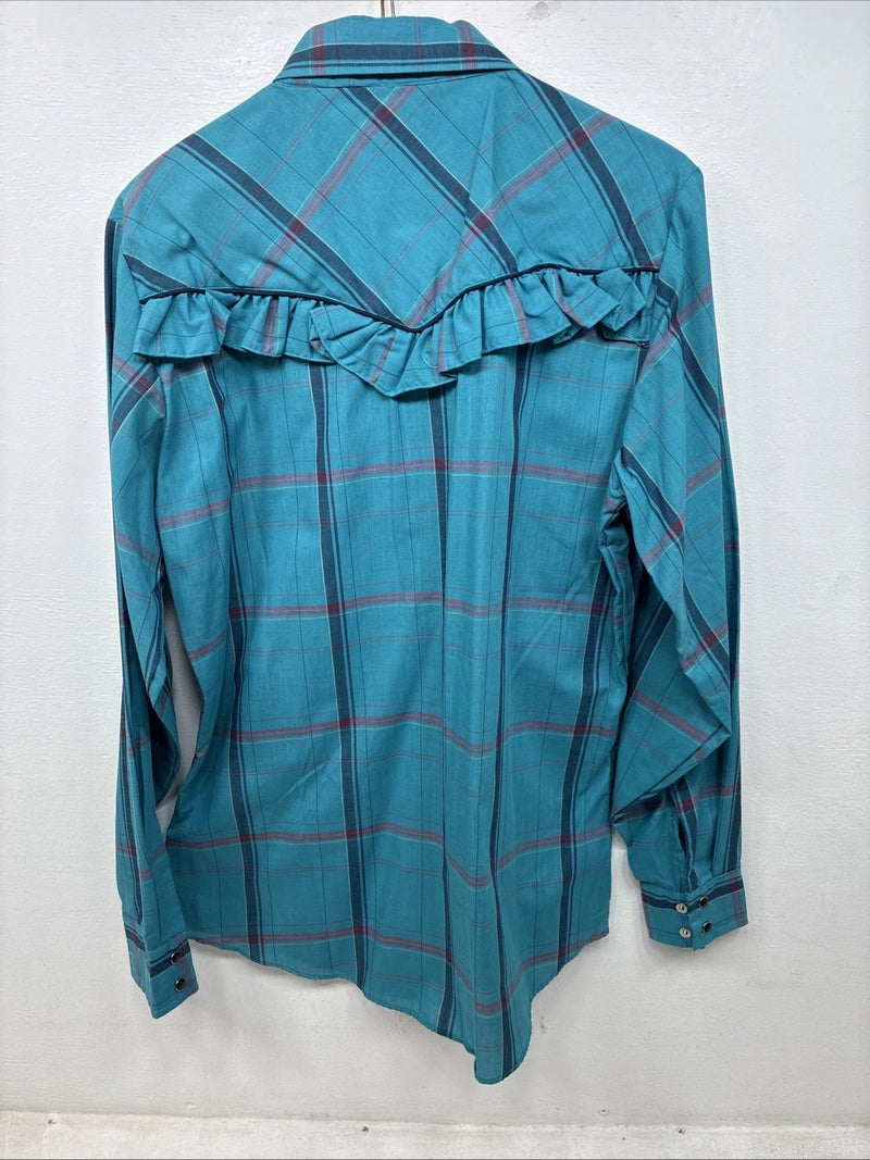 New Women’s Country Charmers Blue Plaid Long Sleeve Pearl Snap Size Large YY-117