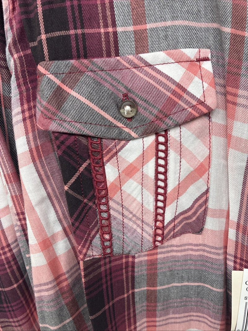 New Women’s Cumberland Pink Plaid Long Sleeve Pearl Snap XL GG-66
