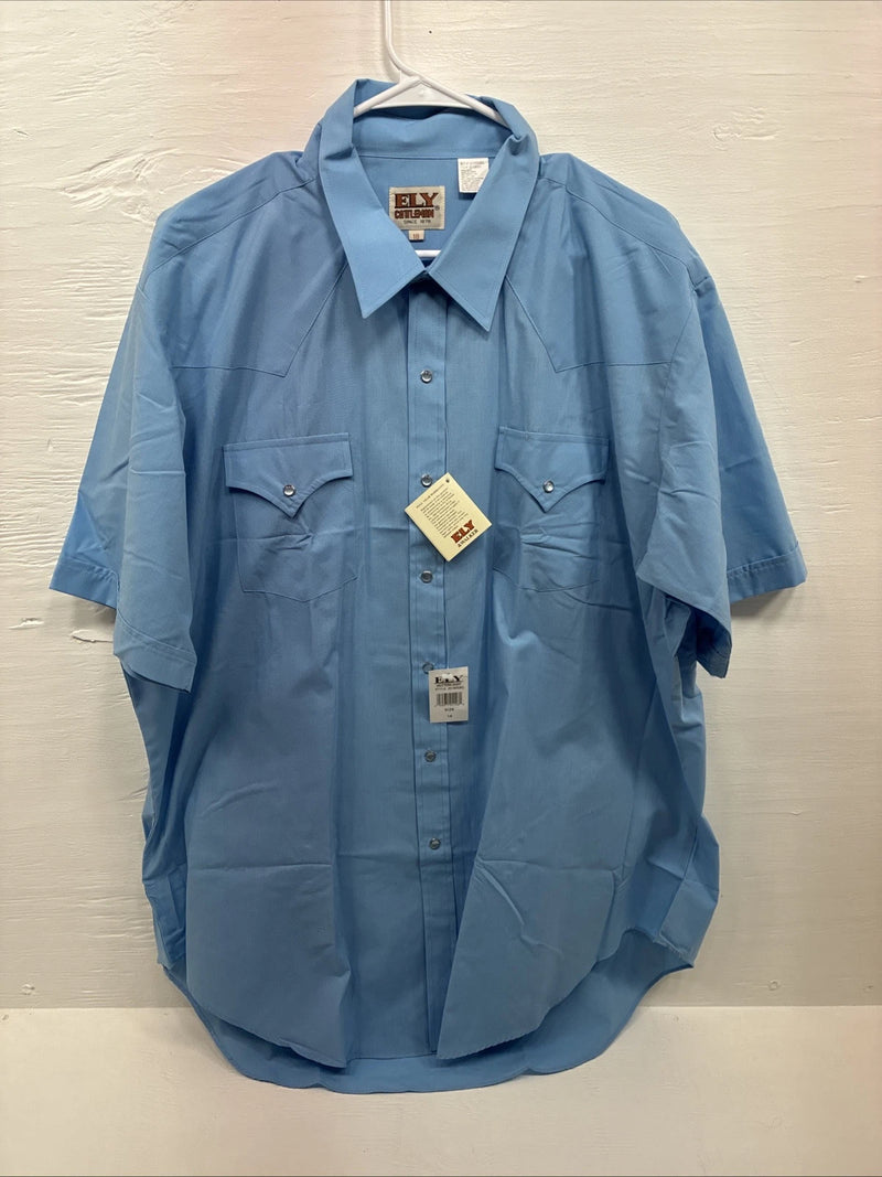 New Men’s ELY Cattleman Blue Simple Short Sleeve Pearl Snap 2XL F-84