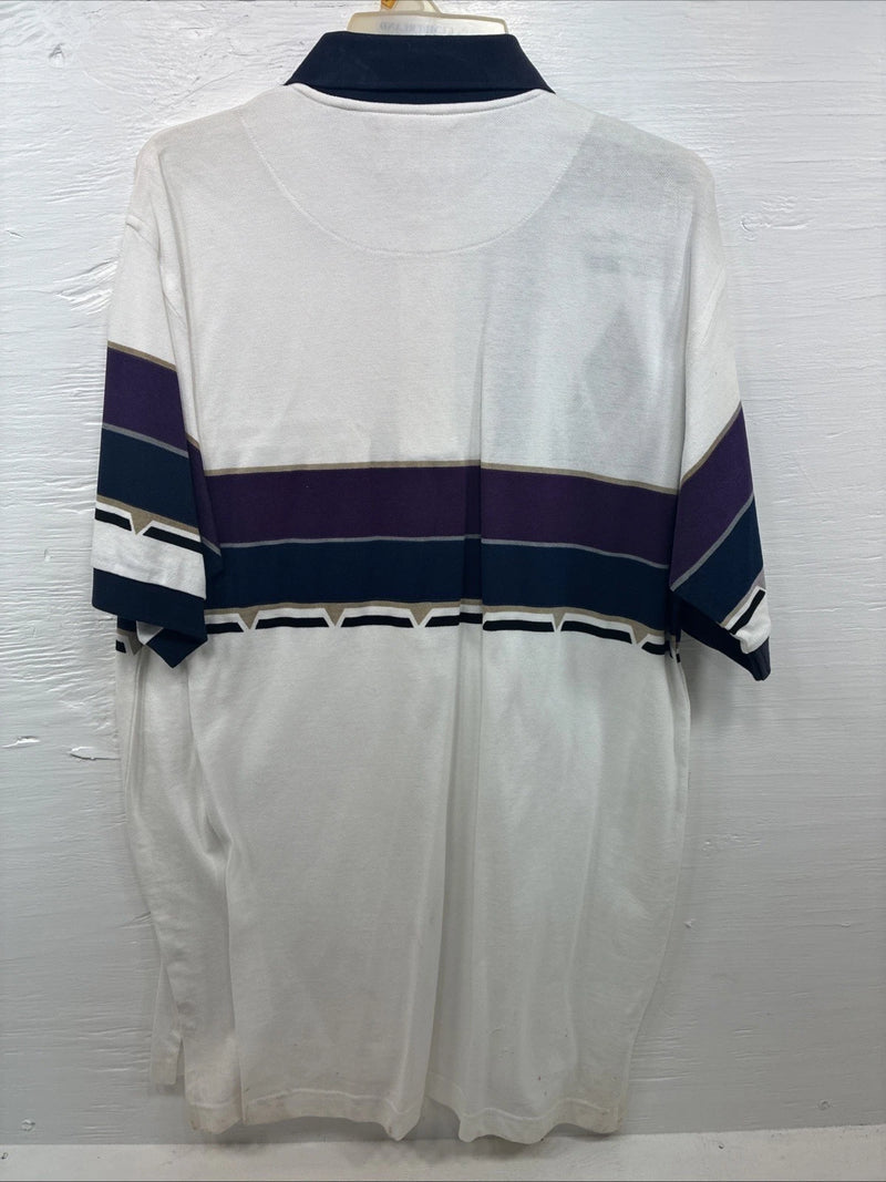 New Men’s Cumberland White Purple Design Short Sleeve Polo Short Large V-90