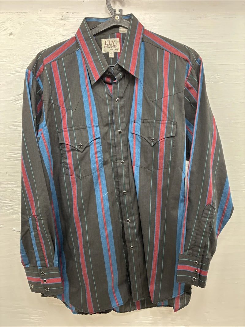 New Men’s ELY Cattleman Multicolor Stripe Long Sleeve Pearl Snap Large 16.5 Q-59