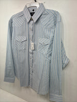 New Women’s White Horse Blue Stripe Long Sleeve Pearl Snap Large GG-74
