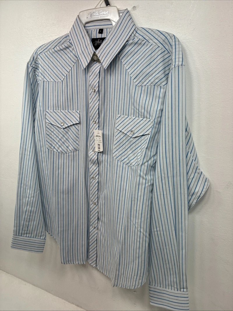 New Women’s White Horse Blue Stripe Long Sleeve Pearl Snap Large GG-74