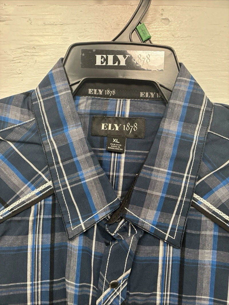 New Men’s ELY 1878 Blue Plaid Short Sleeve Pearl Snap XL R-48