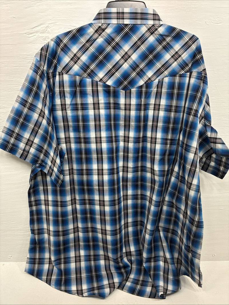 New Men’s ELY Cattleman Blue Western Flannel Short Sleeve Pearl Snap 4XL E-73
