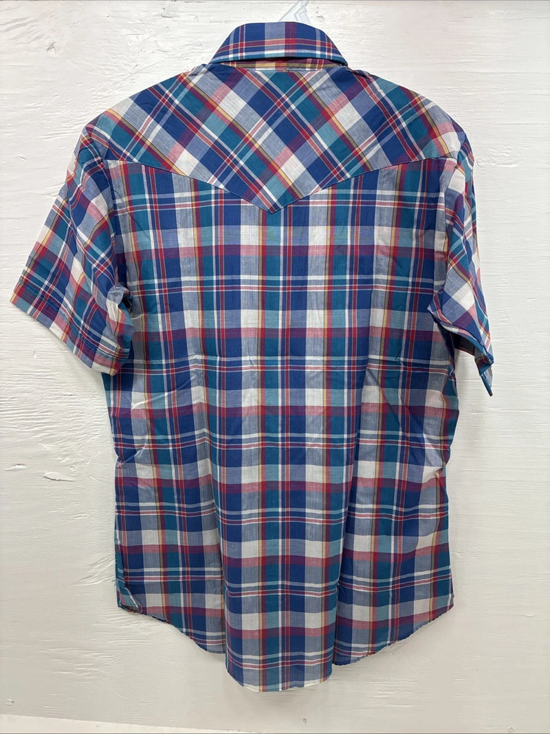 New Men’s ELY Cattleman Purple Plaid Short Sleeve Pearl Snap Medium CC-15